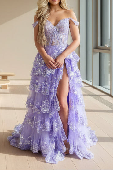 Off Shoulder Layered Navy Blue Lace Long Formal Prom Dresses With Split, Off The Shoulder Navy Blue Formal Dresses