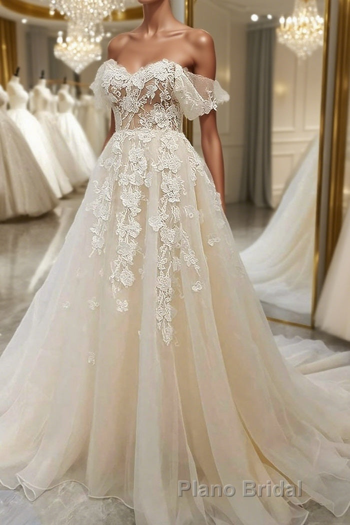 Off Shoulder Light Champagne Tulle Lace Long Formal Prom Dress, Light Champagne Lace Formal Evening Dress Main image