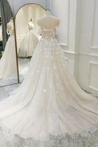 Off Shoulder Light Champagne Tulle Lace Long Formal Prom Dress, Light Champagne Lace Formal Evening Dress