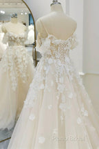 Off Shoulder Light Champagne Tulle Lace Long Formal Prom Dresses, Light Champagne Lace Formal Dresses A1583