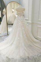 Off Shoulder Light Champagne Tulle Lace Long Formal Prom Dresses, Light Champagne Lace Formal Dresses A1583