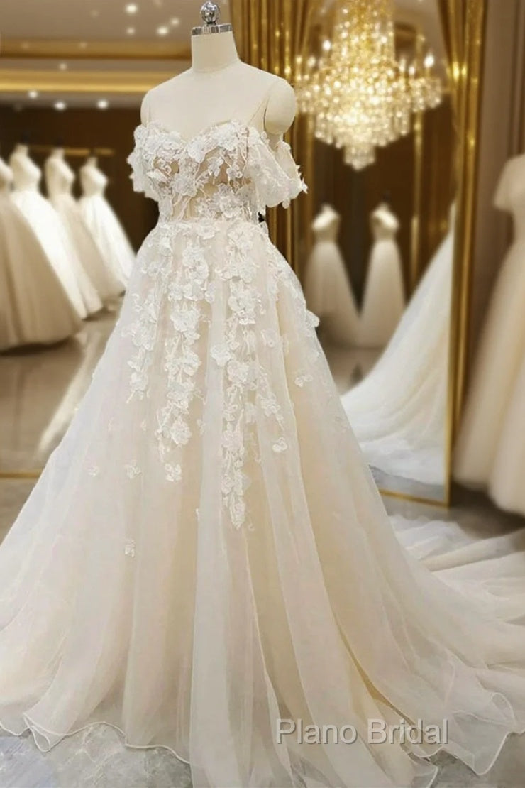Off Shoulder Light Champagne Tulle Lace Long Formal Prom Dresses, Light Champagne Lace Formal Dresses A1583 Main image