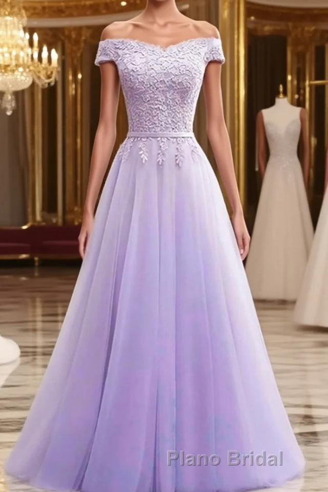 Off Shoulder Light Purple Lace Long Formal Prom Dress, Off the Shoulder Lilac Lace Formal Dress, Purple Evening Dress Main image