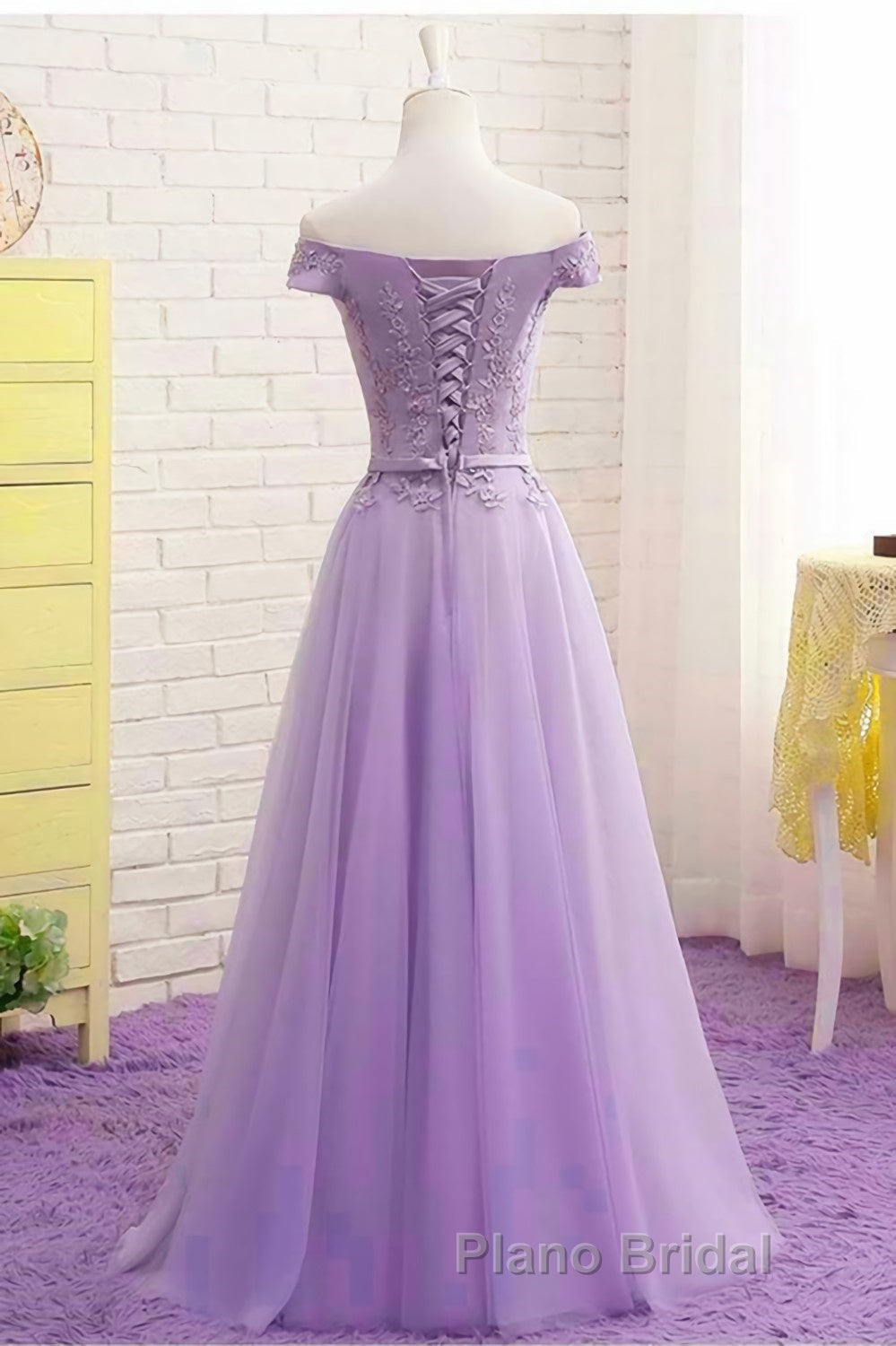 Off Shoulder Light Purple Lace Long Formal Prom Dress, Off the Shoulder Lilac Lace Formal Dress, Purple Evening Dress Secondary image