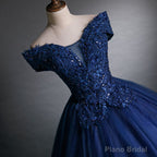 Off Shoulder Navy Blue Long Sweet 16 Gown Blue Tulle with Lace Prom Dress prom dresses shops