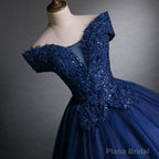 Off Shoulder Navy Blue Long Sweet 16 Gown Blue Tulle with Lace Prom Dress prom dresses shops