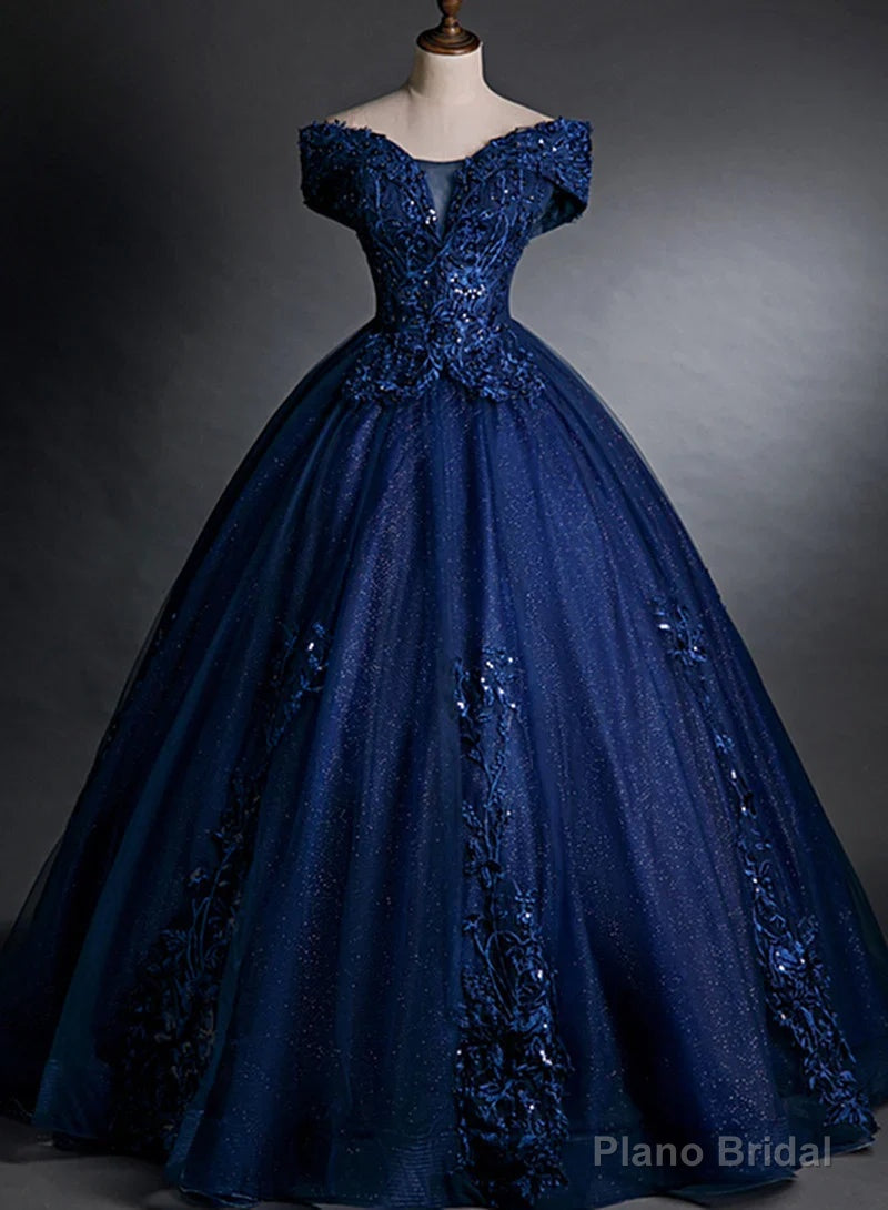 Off Shoulder Navy Blue Long Sweet 16 Gown Blue Tulle with Lace Prom Dress prom dresses shops Main image