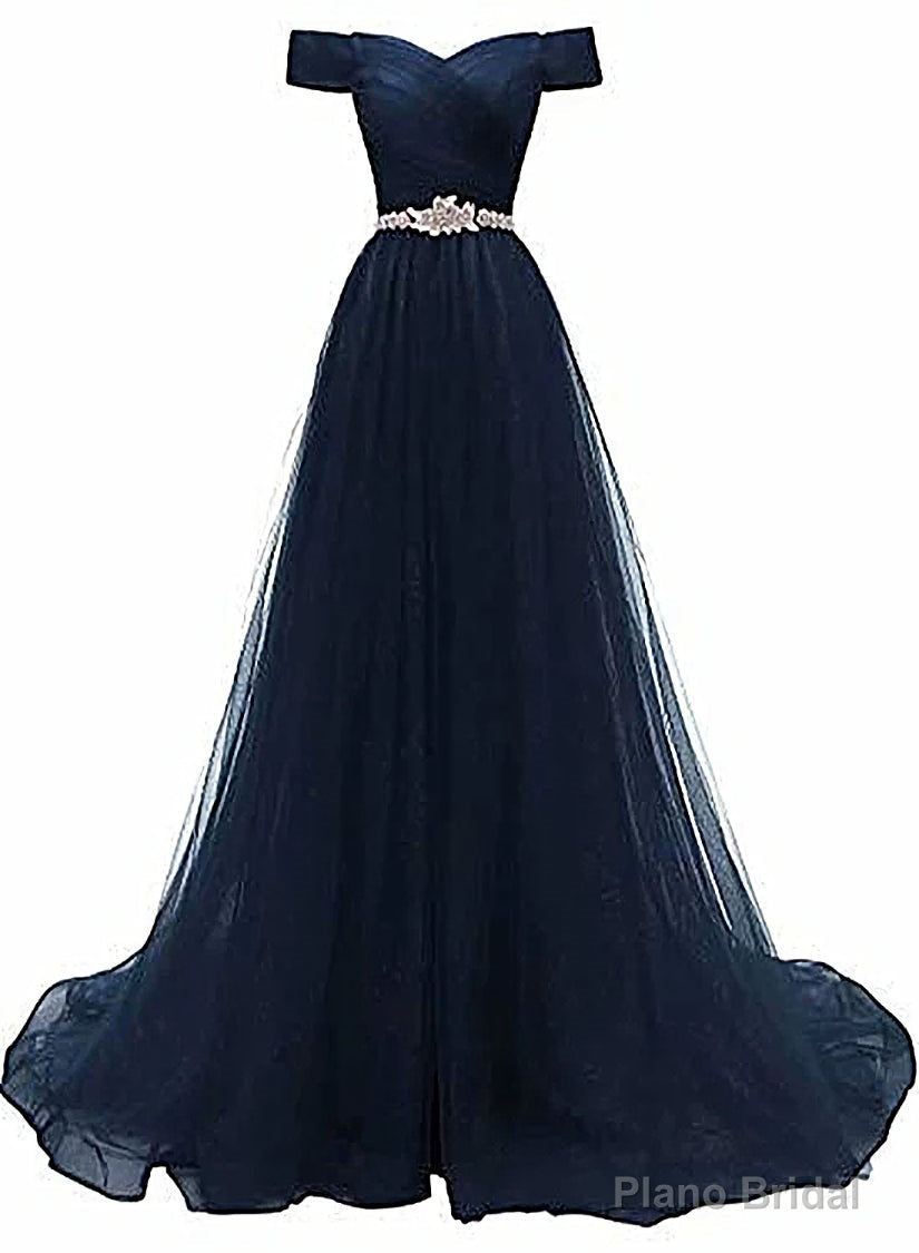 Off Shoulder Navy Blue Party Dress, A-line Tulle Blue Bridesmaid Dress Main image