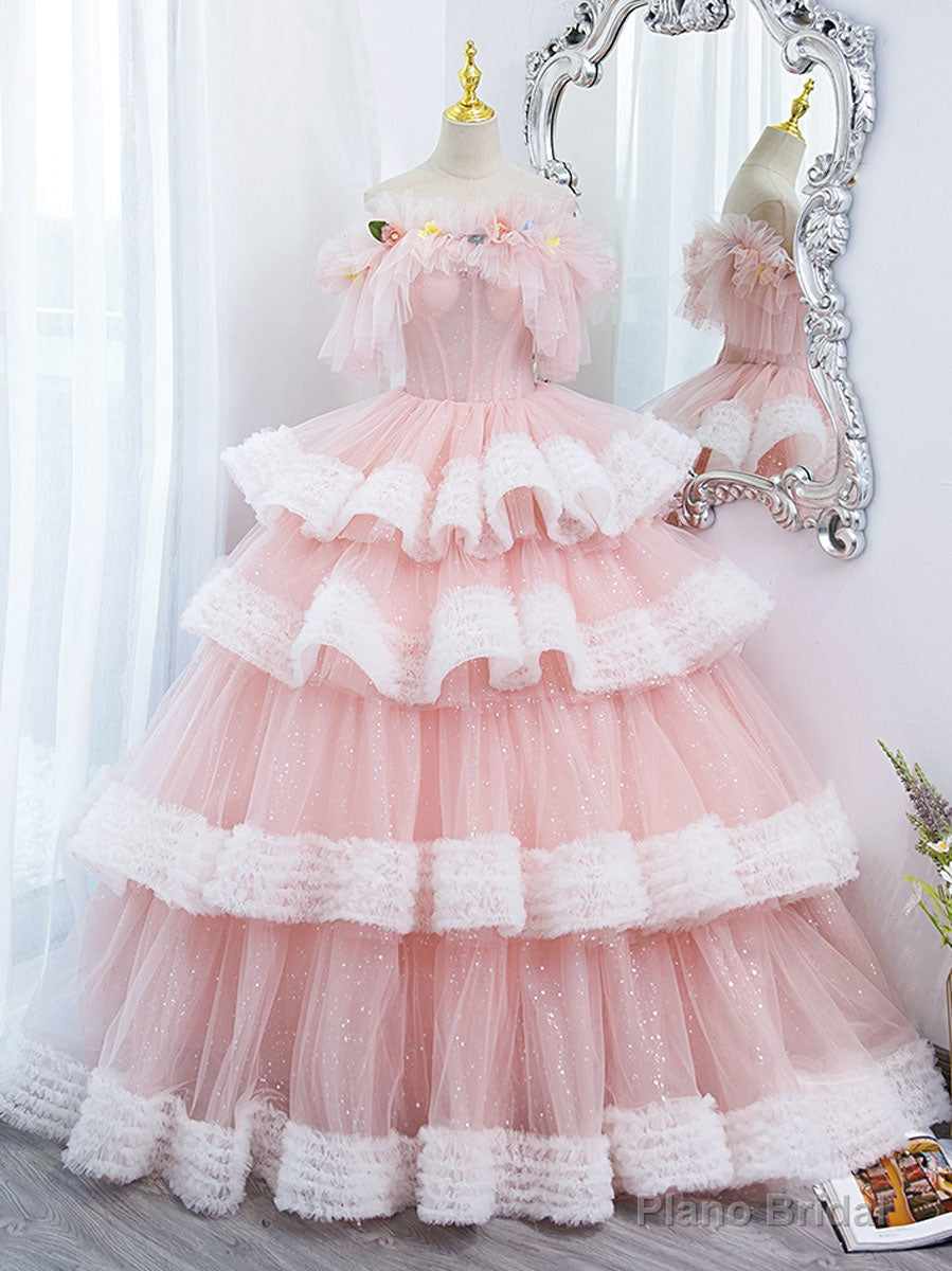 Off Shoulder Pink Long Prom Dresses, Ball Gown Pink Sweet 16 Dresses