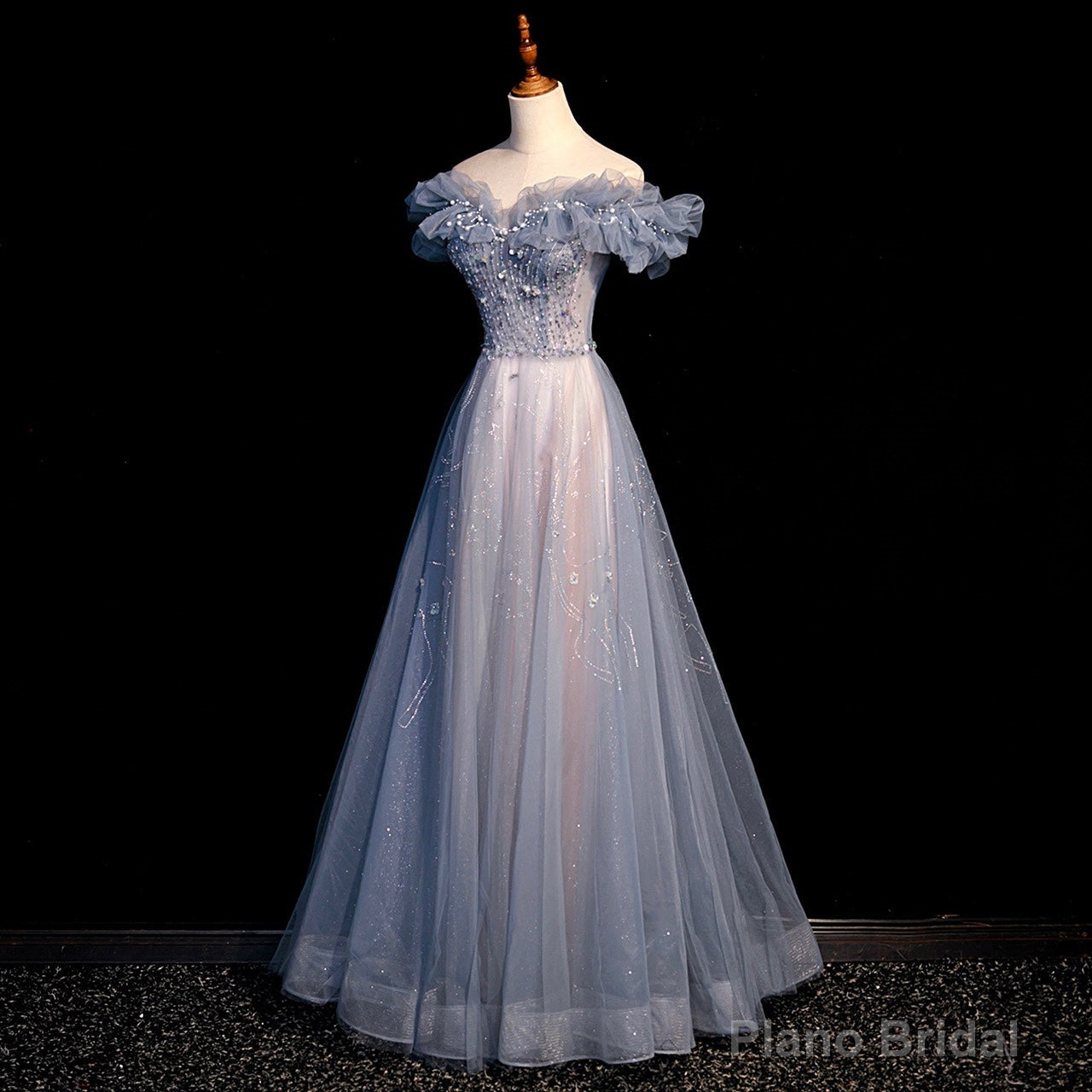 Off Shoulder Puffy Sleeves Beaded Party Dress Prom Dress, Blue Evening Gown