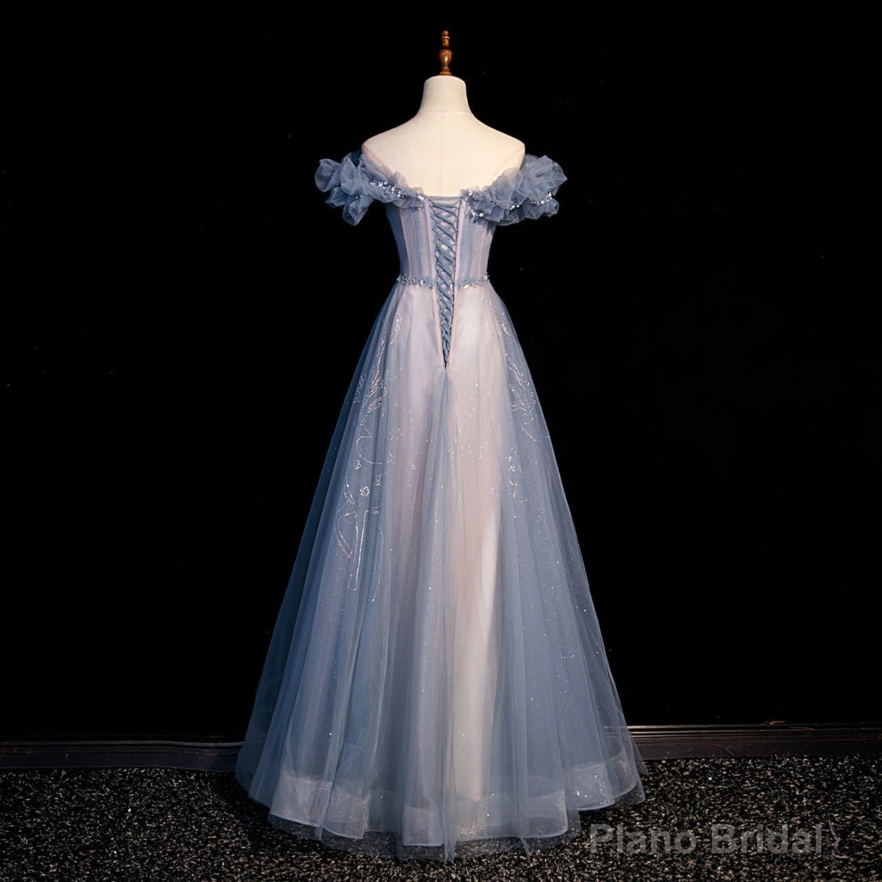 Off Shoulder Puffy Sleeves Beaded Party Dress Prom Dress, Blue Evening Gown