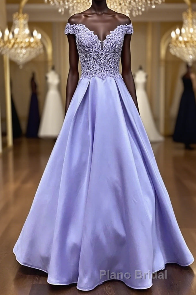 Off Shoulder Purple Lace Long Formal Prom Dress, Off Shoulder Purple Formal Dress, Purple Lace Evening Dress Main image