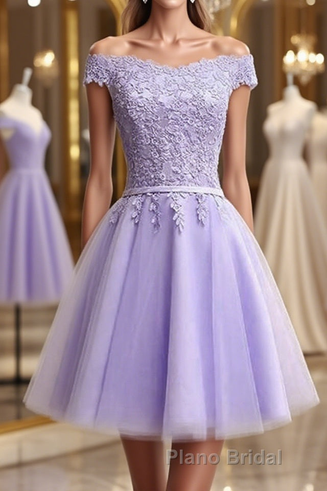 Off Shoulder Purple Lace Short Formal Prom Dress, Lilac Lace Homecoming Dress, Short Purple Formal Evening Dress Main image