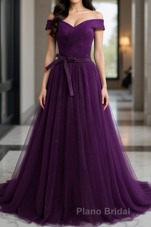 Off Shoulder Purple Tulle Long Formal Prom Dresses, Off the Shoulder Purple Formal Dresses, Purple Evening Dresses Main image