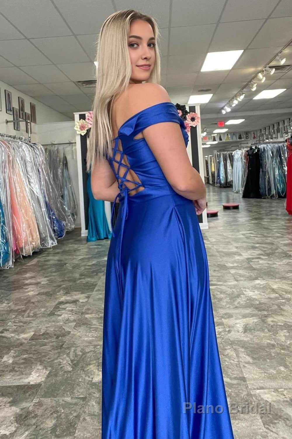 Off Shoulder Royal Blue Satin Prom Dress with Slit Secondary image