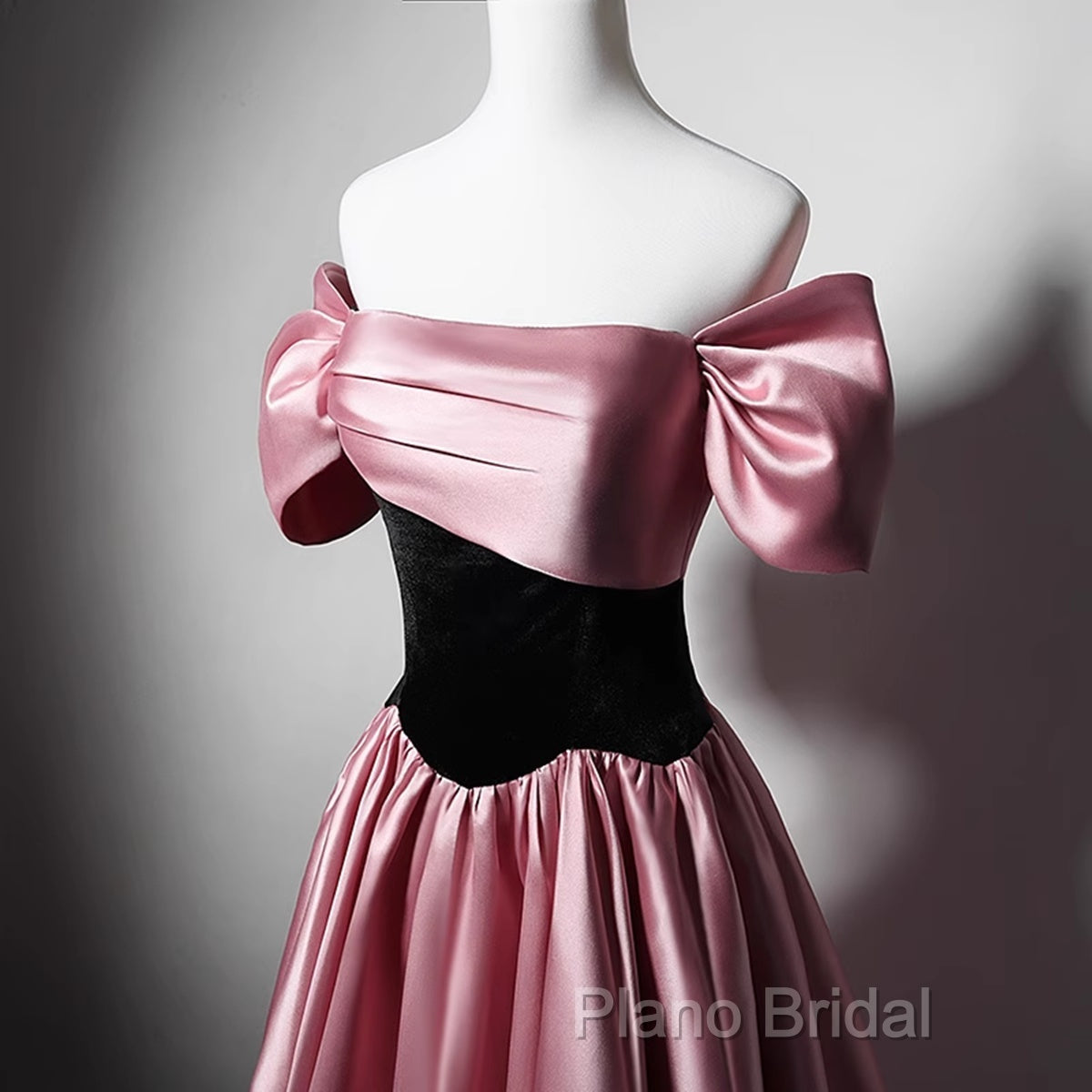 Off Shoulder Satin Scoop A-Line Long Party Dresses, Pink And Black Formal Prom Dresses Formal Dresses