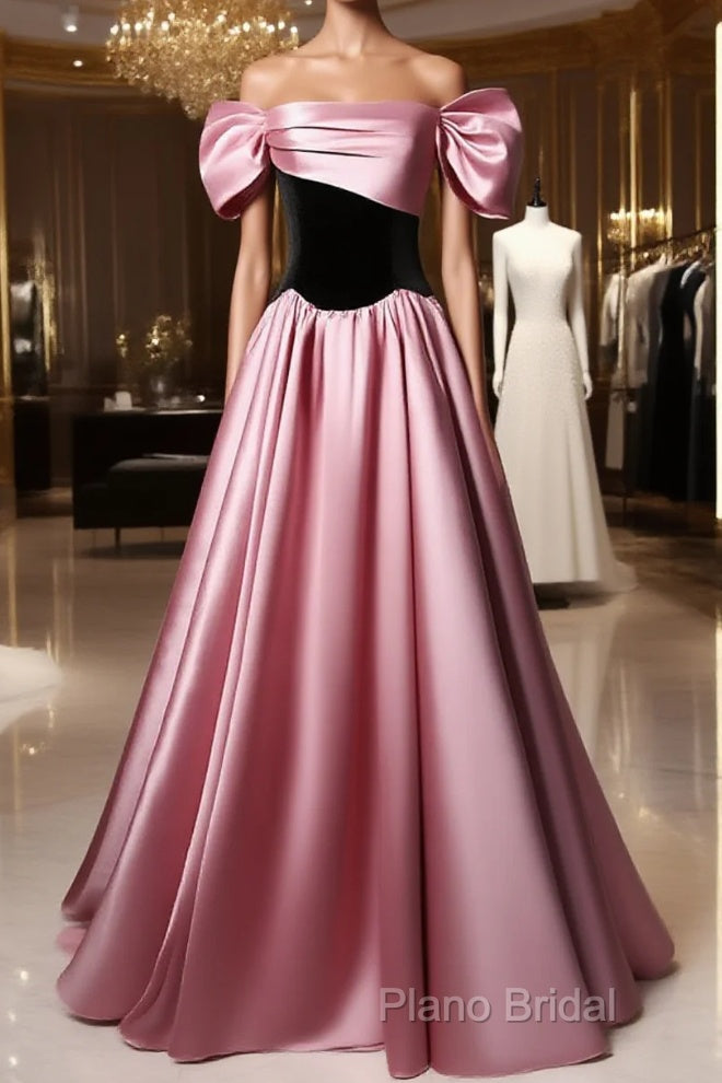 Off Shoulder Satin Scoop A-Line Long Party Dresses, Pink And Black Formal Prom Dresses Formal Dresses Main image