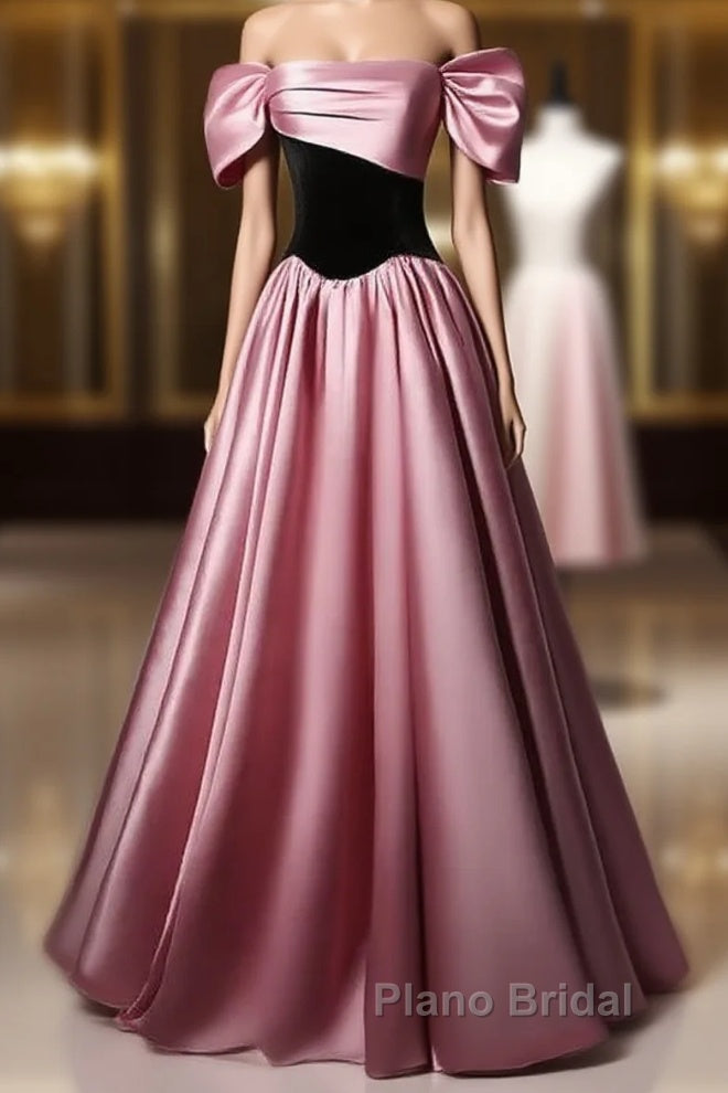 Off Shoulder Satin Scoop A-Line Long Party Dresses Formal Prom Dresses Evening Dresses Main image