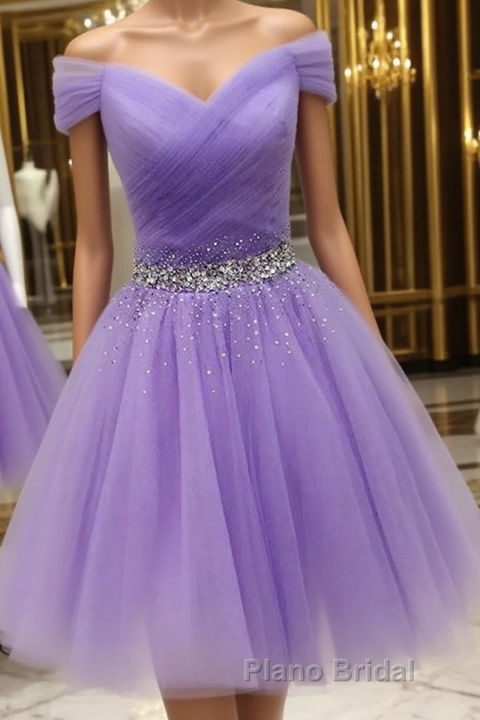 Off Shoulder Sequins Lilac Short Formal Prom Dress Homecoming Dress, Off Shoulder Lilac Lavender Formal Graduation Evening Dress Main image