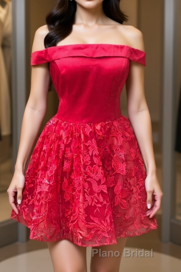 Off Shoulder Short Red Lace Formal Prom Dress, Off Shoulder Red Lace Formal Graduation Dress, Red Lace Homecoming Dress
