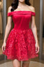 Off Shoulder Short Red Lace Formal Prom Dress, Off Shoulder Red Lace Formal Graduation Dress, Red Lace Homecoming Dress