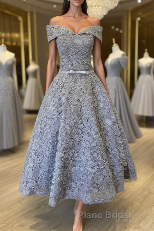 Off Shoulder Tea Length Gray Lace Formal Prom Dresses, Off the Shoulder Gray Homecoming Dresses, Gray Lace Formal Evening Dresses Main image