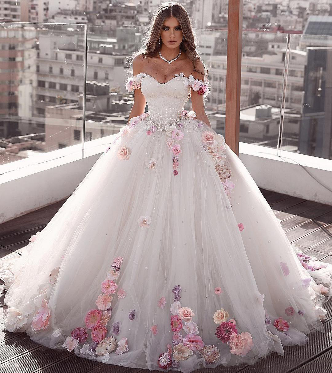 Off Shoulder Tulle Ball Gown Wedding Dresses Floral Flowers Beaded Secondary image