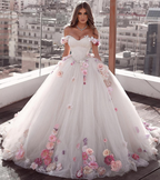 Off Shoulder Tulle Ball Gown Wedding Dresses Floral Flowers Beaded