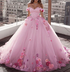 Off Shoulder Tulle Ball Gown Wedding Dresses Floral Flowers Beaded