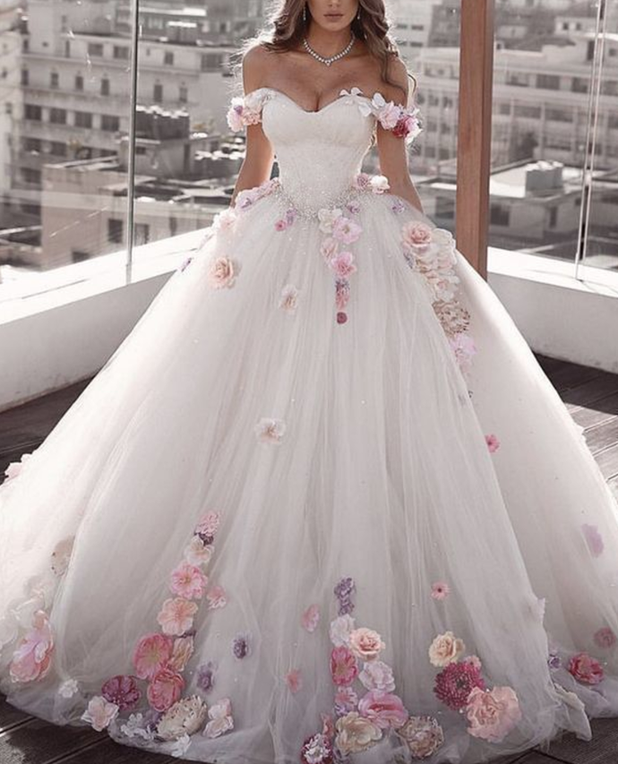 Off Shoulder Tulle Ball Gown Wedding Dresses Floral Flowers Beaded Main image