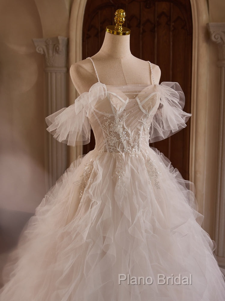 Off Shoulder Tulle Lace Light Champagne Long Formal Prom Dresses, Light Champagne Sweet 16 Dresses
