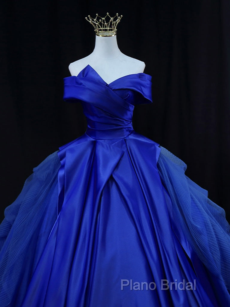 Off Shoulder Tulle Satin Blue Long Formal Prom Gown, Blue Long Formal Dresses