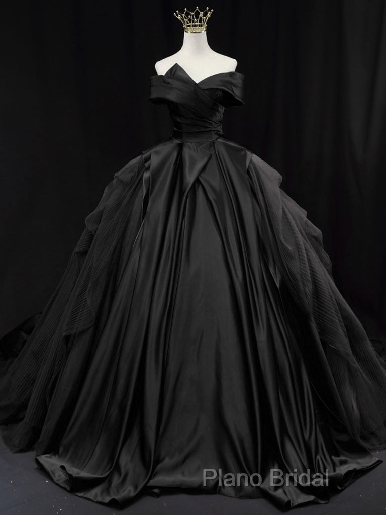 Off Shoulder Tulle Satin Blue Long Formal Prom Gown, Blue Long Formal Dresses