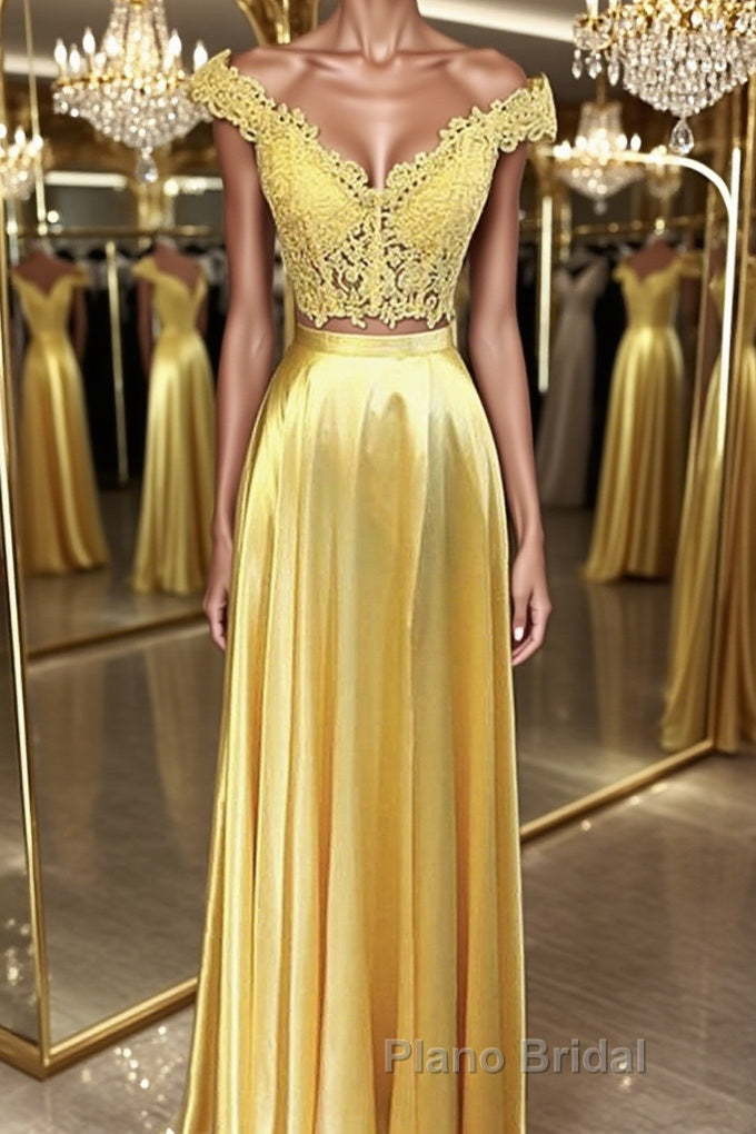 Off Shoulder Two Pieces Lace Yellow Long Formal Prom Dress, Off the Shoulder Yellow Lace Formal Dress, Two Pieces Yellow Lace Evening Dress Main image