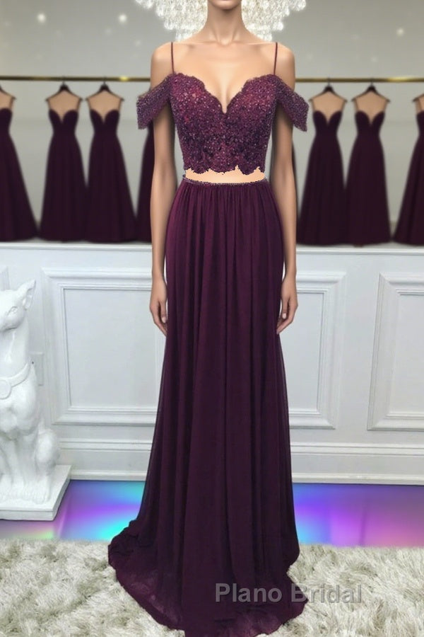 Off Shoulder Two Pieces Purple Lace Long Formal Prom Dress, 2 Pieces Purple Formal Dress, Purple Lace Evening Dress