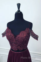 Off Shoulder Two Pieces Purple Lace Long Formal Prom Dress, 2 Pieces Purple Formal Dress, Purple Lace Evening Dress