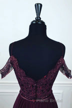 Off Shoulder Two Pieces Purple Lace Long Formal Prom Dress, 2 Pieces Purple Formal Dress, Purple Lace Evening Dress