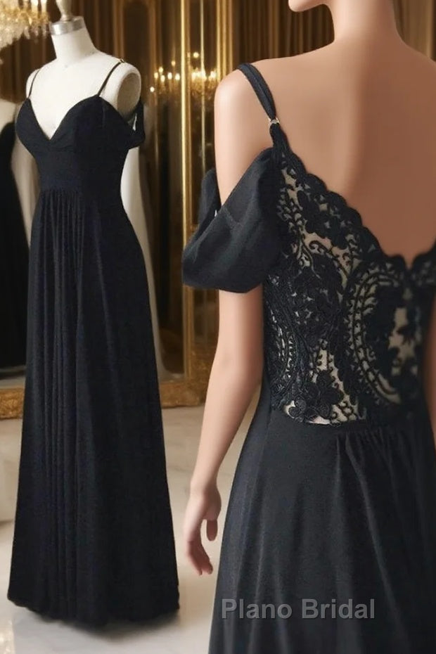 Off Shoulder V Neck Black Lace Long Formal Prom Dress, Off Shoulder Black Formal Dress, Black Lace Evening Dress Main image