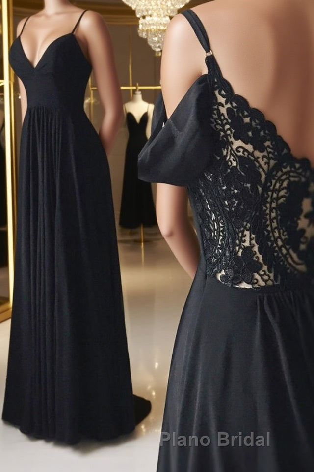 Off Shoulder V Neck Black Long Formal Prom Dress with Lace Back, Off the Shoulder Black Formal Dress, Black Lace Evening Dress Main image