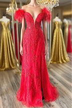Off Shoulder V Neck Mermaid Red Lace Long Formal Prom Dress with High Slit, Mermaid Red Formal Dress, Red Lace Evening Dress