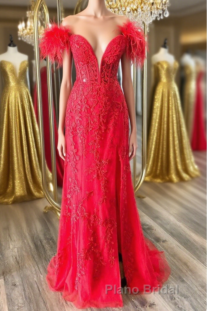 Off Shoulder V Neck Mermaid Red Lace Long Formal Prom Dress with High Slit, Mermaid Red Formal Dress, Red Lace Evening Dress