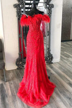 Off Shoulder V Neck Mermaid Red Lace Long Formal Prom Dress with High Slit, Mermaid Red Formal Dress, Red Lace Evening Dress