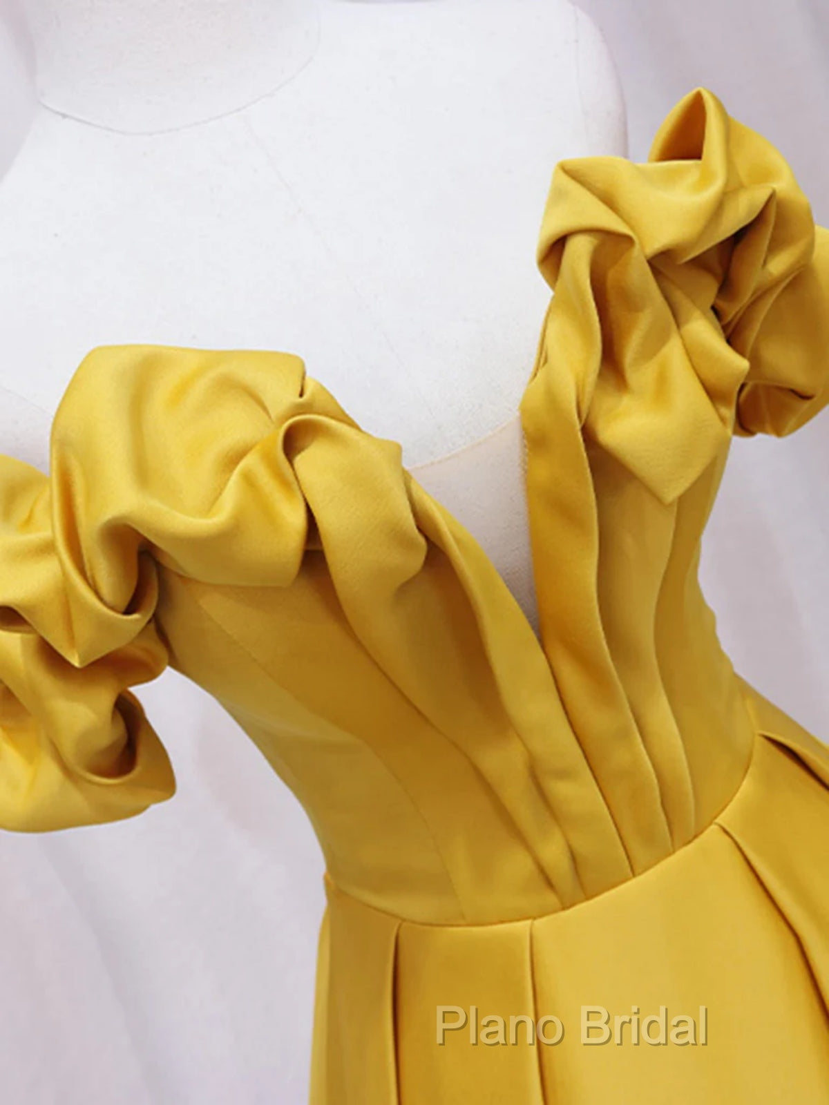 Off Shoulder V Neck Yellow Satin Long Formal Prom Dresses, Off The Shoulder Yellow Formal Dresses, Yellow Formal Dresses Secondary image