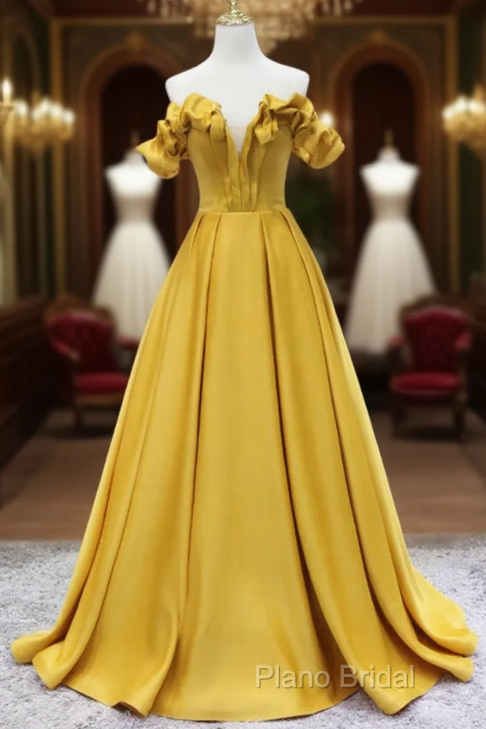 Off Shoulder V Neck Yellow Satin Long Formal Prom Dresses, Off The Shoulder Yellow Formal Dresses, Yellow Formal Dresses Main image