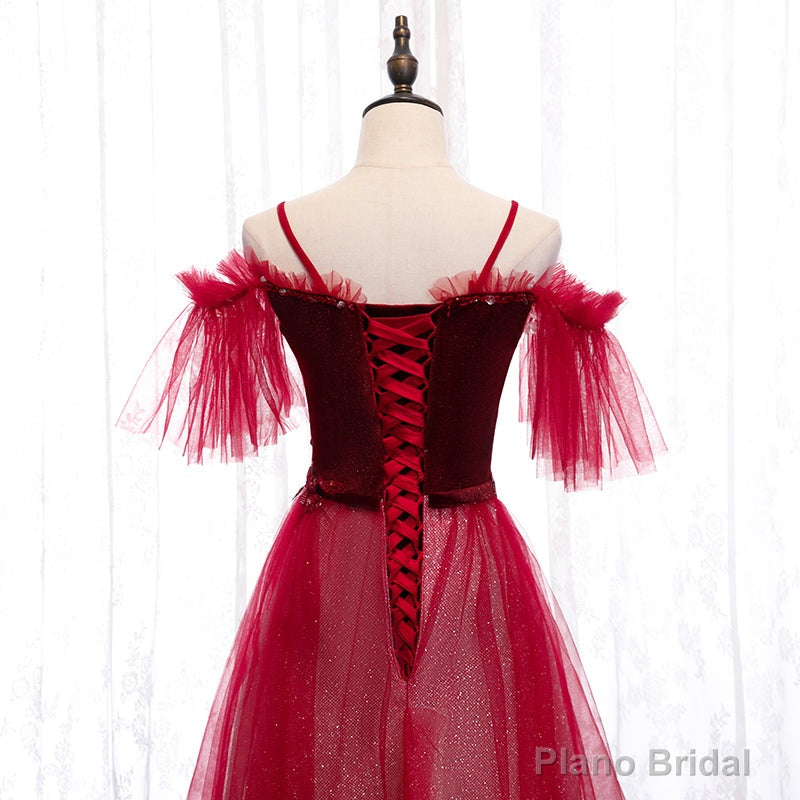 Off Shoulder Wine Red Velvet and Tulle Party Dress, A-line Tulle Floor Length Prom Dress
