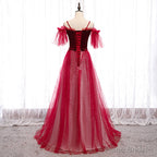 Off Shoulder Wine Red Velvet and Tulle Party Dress, A-line Tulle Floor Length Prom Dress