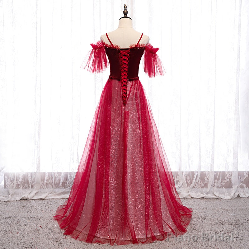 Off Shoulder Wine Red Velvet and Tulle Party Dress, A-line Tulle Floor Length Prom Dress