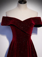 Off Shoulder Wine Red Velvet Long Party Dresses, A-Line Wine Red Formal Evening Dresses