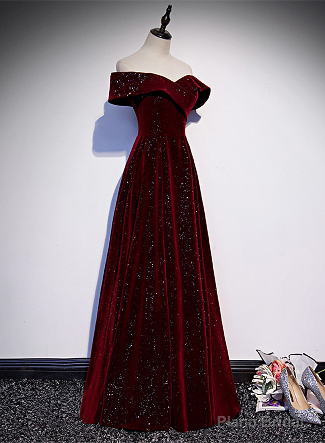 Off Shoulder Wine Red Velvet Long Party Dress, A-line Wine Red Evening Dress Main image