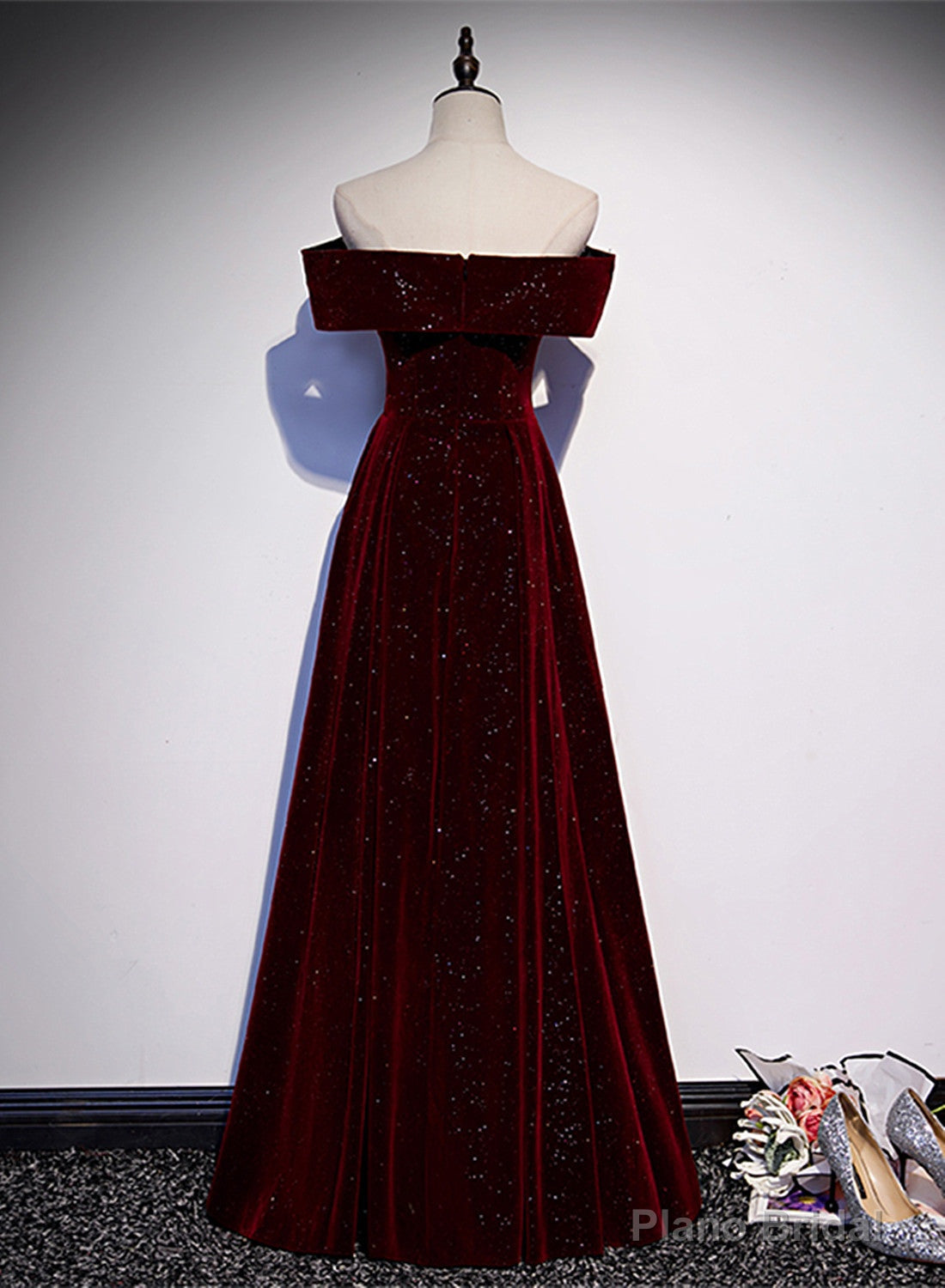 Off Shoulder Wine Red Velvet Long Party Dress, A-line Wine Red Evening Dress